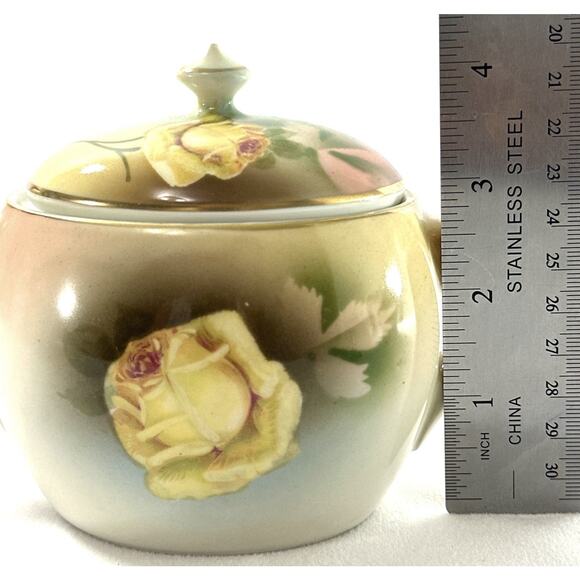 Antique P.S.A.G. Bavaria Hand Painted Sugar Bowl Yellow Roses Gold Trim - Picture 5 of 8